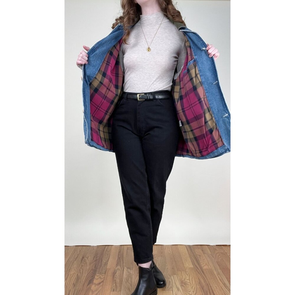 Vintage Denim Barn Coat Field Farm Utility Jean Jacket Oversized Plaid Americana - Picture 2 of 10